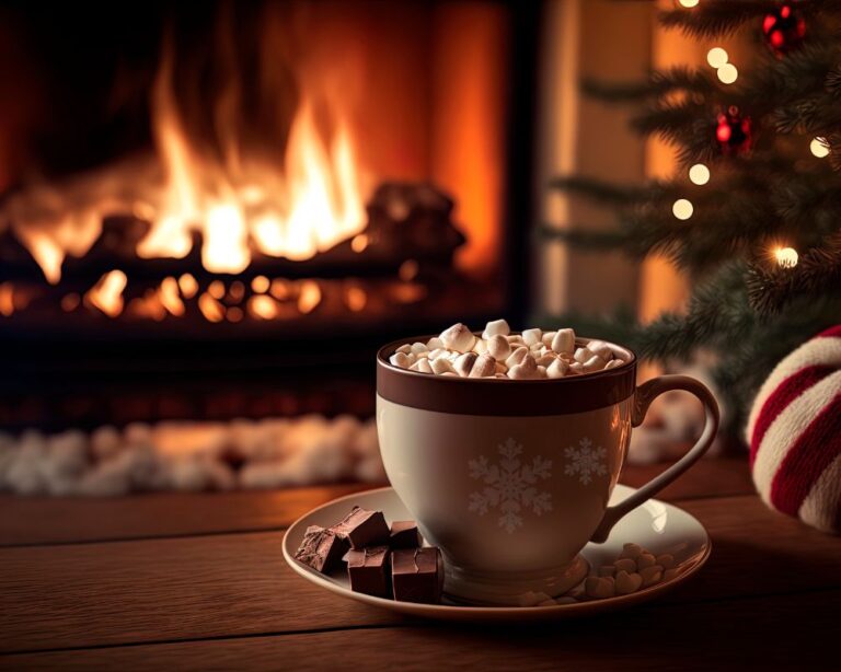 Stay Toasty: Preparing Your Home in Winter for Better Energy Savings, with the image of a coffee mug in front of a warm fireplace inside